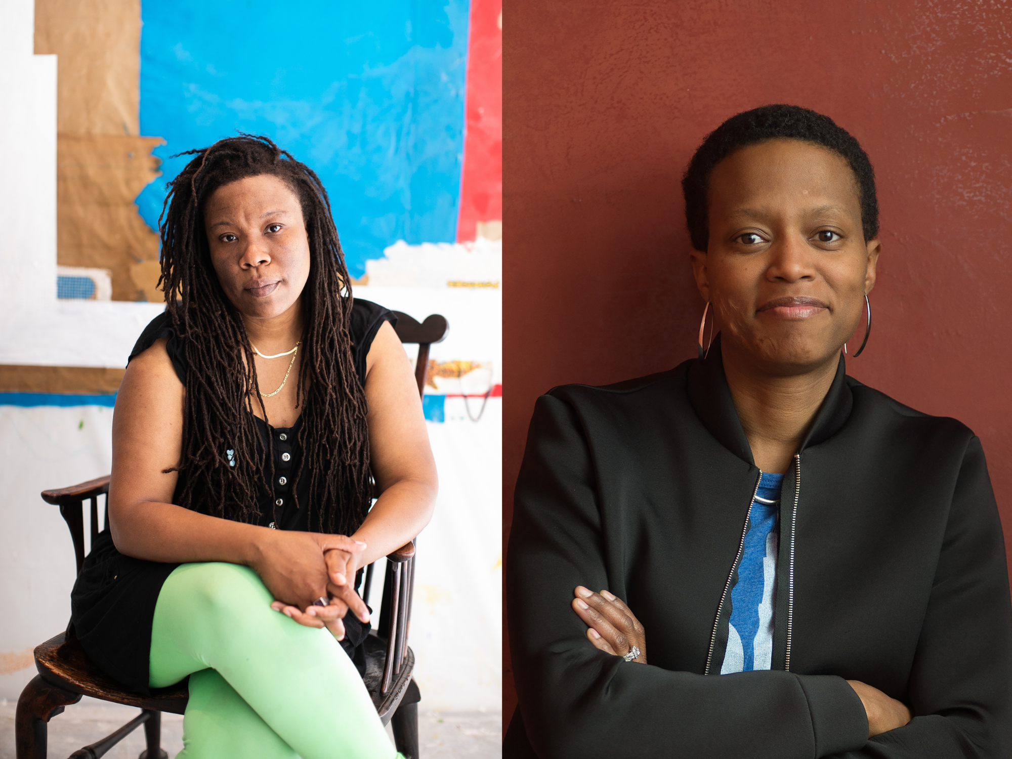 Headshots of Tomashi Jackson and Amanda Williams.|Blue house surrounded by grass and a concrete sidewalk.|Exterior building painted in shades of black. In the center panel