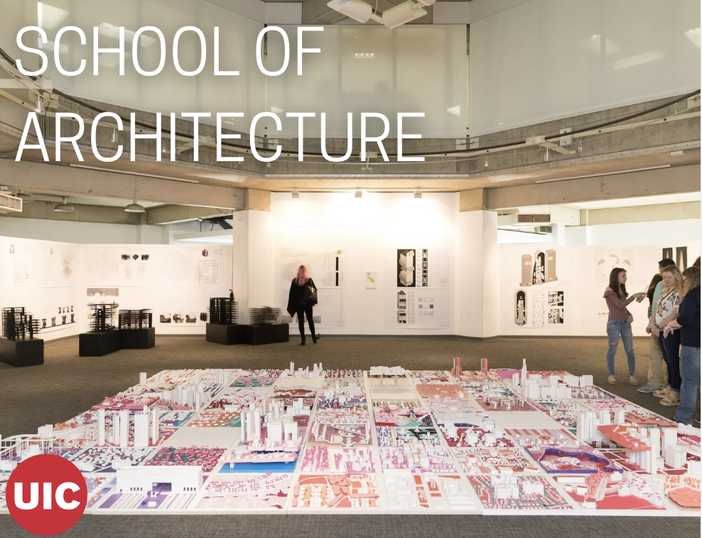 Image that reads School of Architecture with a student project from architecture studio in the background.