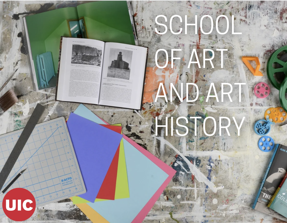 Image that reads School of Art and Art History with paint supplies, rulers, and books in the background.