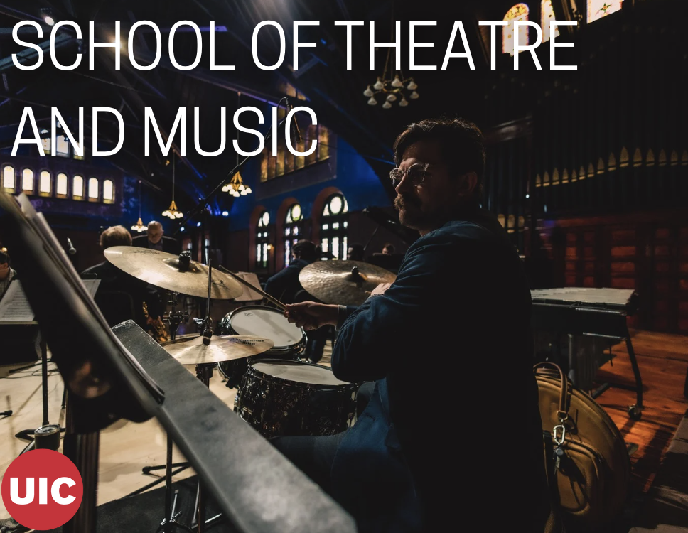 Image that reads School of Theatre and Music with a person playing a drum set in the background.